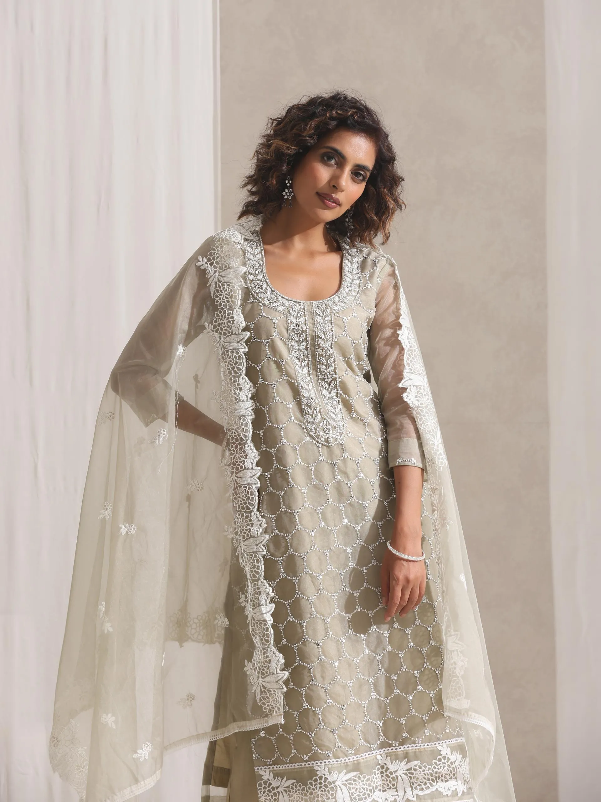 3 Pc SET - Fawn Beaded and Embroidered Organza Kurta and Border Dupatta with Pyjama