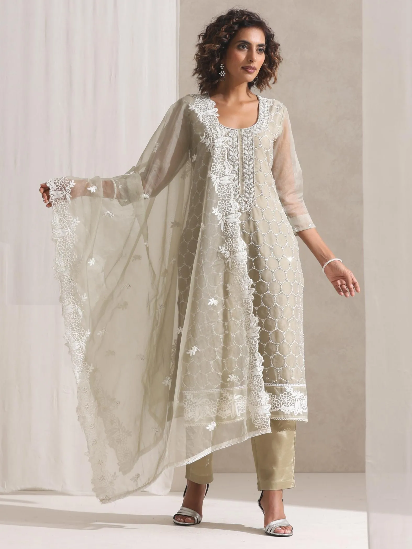 3 Pc SET - Fawn Beaded and Embroidered Organza Kurta and Border Dupatta with Pyjama