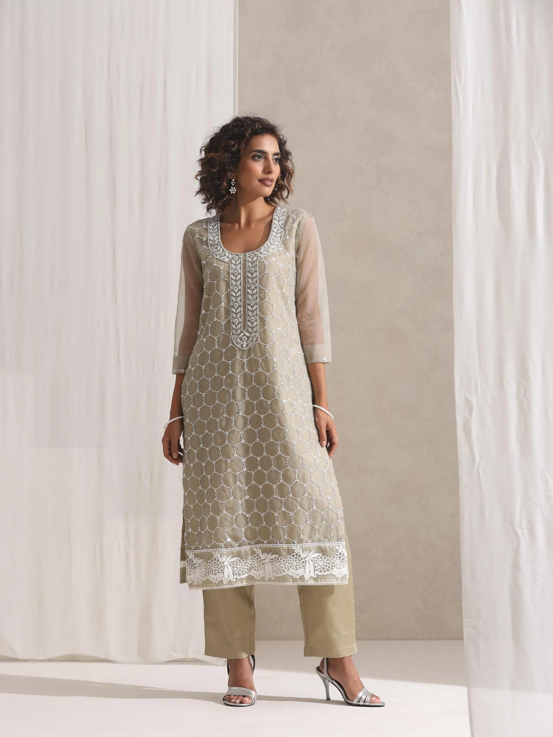 3 Pc SET - Fawn Beaded and Embroidered Organza Kurta and Border Dupatta with Pyjama