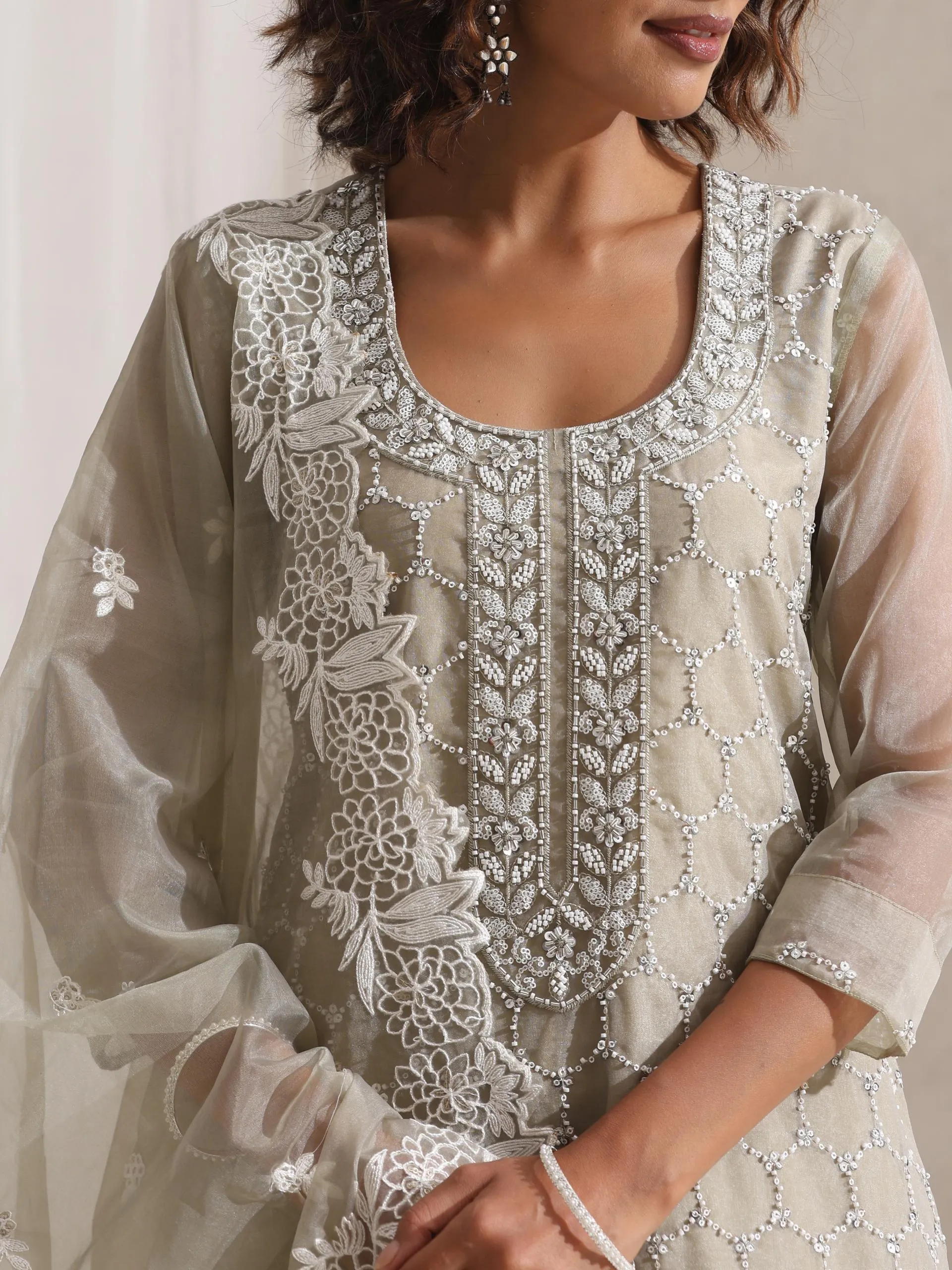 3 Pc SET - Fawn Beaded and Embroidered Organza Kurta and Border Dupatta with Pyjama