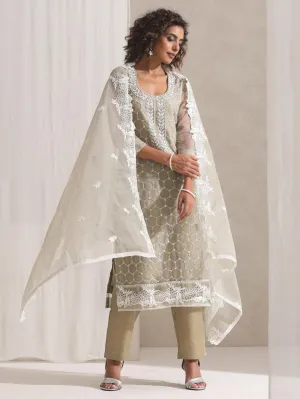 3 Pc SET - Fawn Beaded and Embroidered Organza Kurta and Border Dupatta with Pyjama