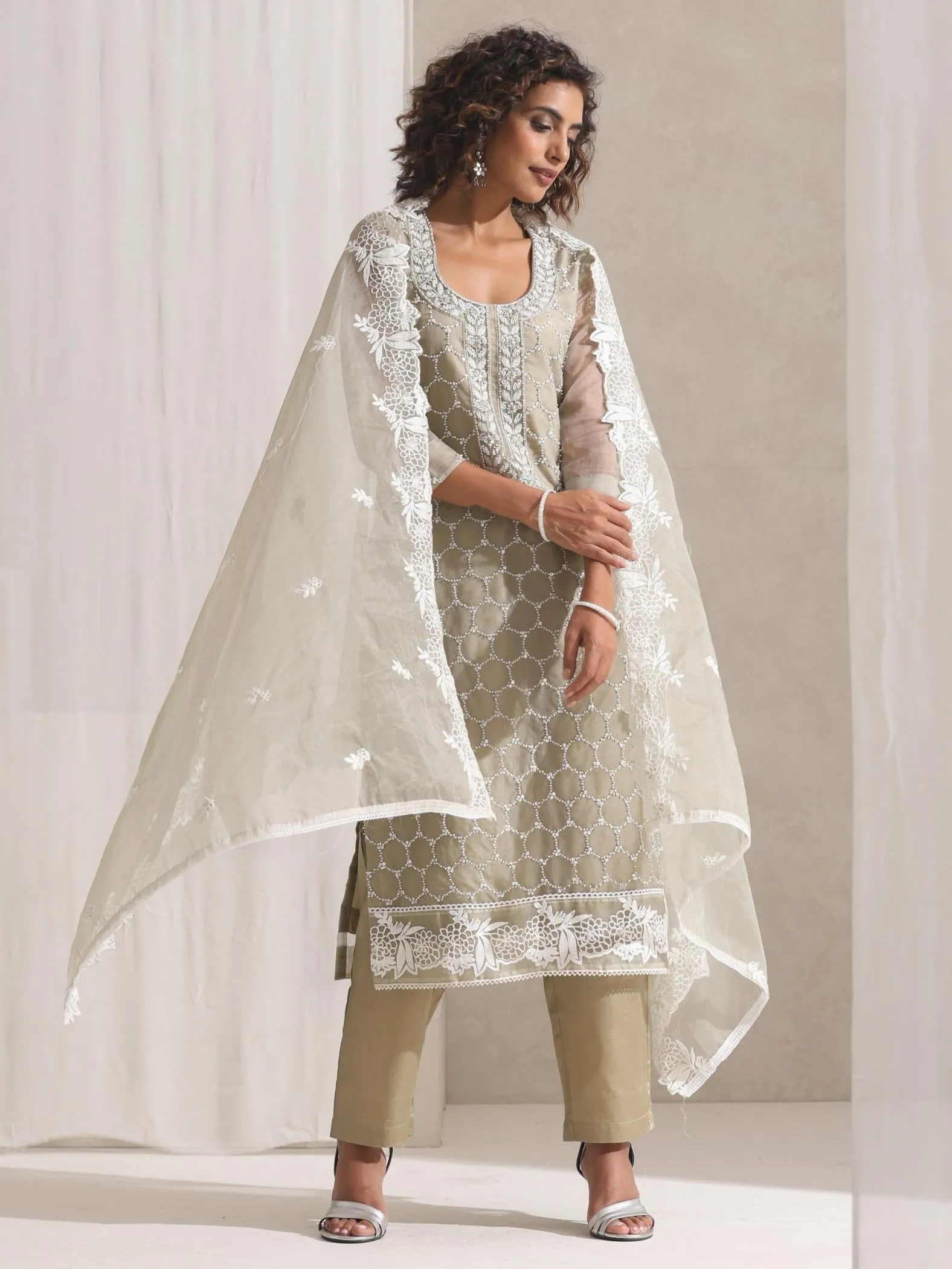 3 Pc SET - Fawn Beaded and Embroidered Organza Kurta and Border Dupatta with Pyjama