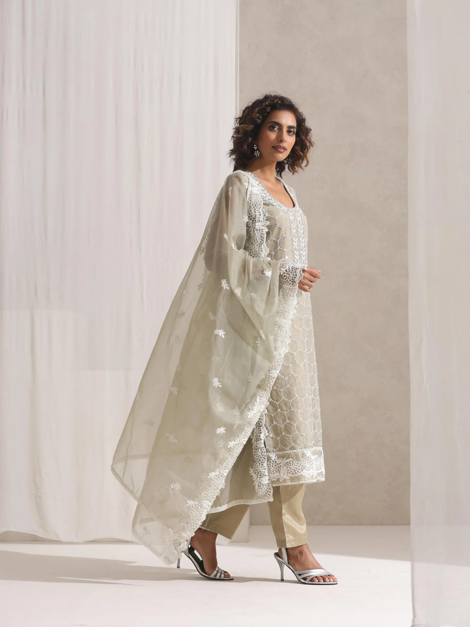 3 Pc SET - Fawn Beaded and Embroidered Organza Kurta and Border Dupatta with Pyjama