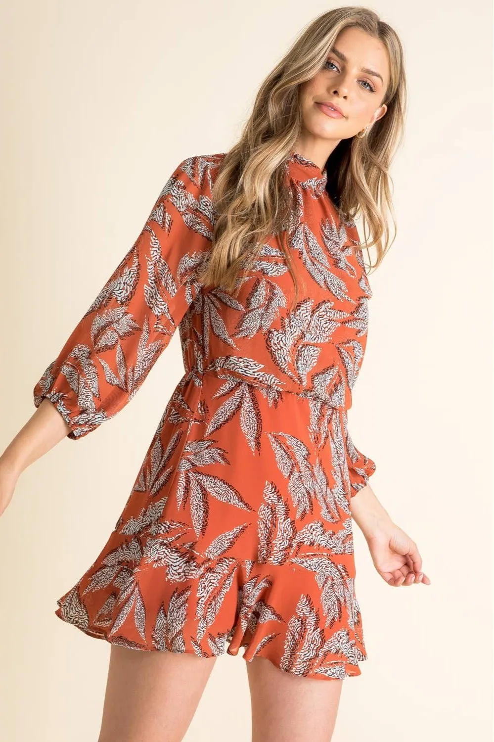 Amberliss Leaf Print High-Neck Dress