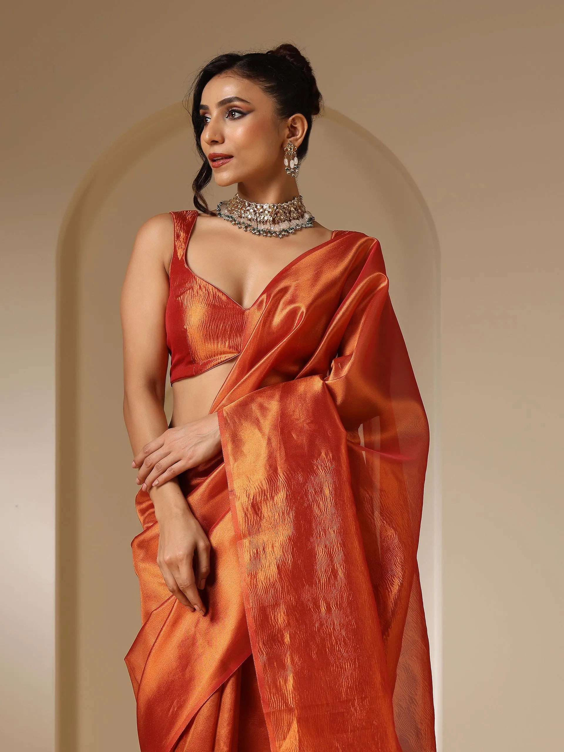 Banarasi Red Orange Saree with Crushed Pallu and Blouse Fabric