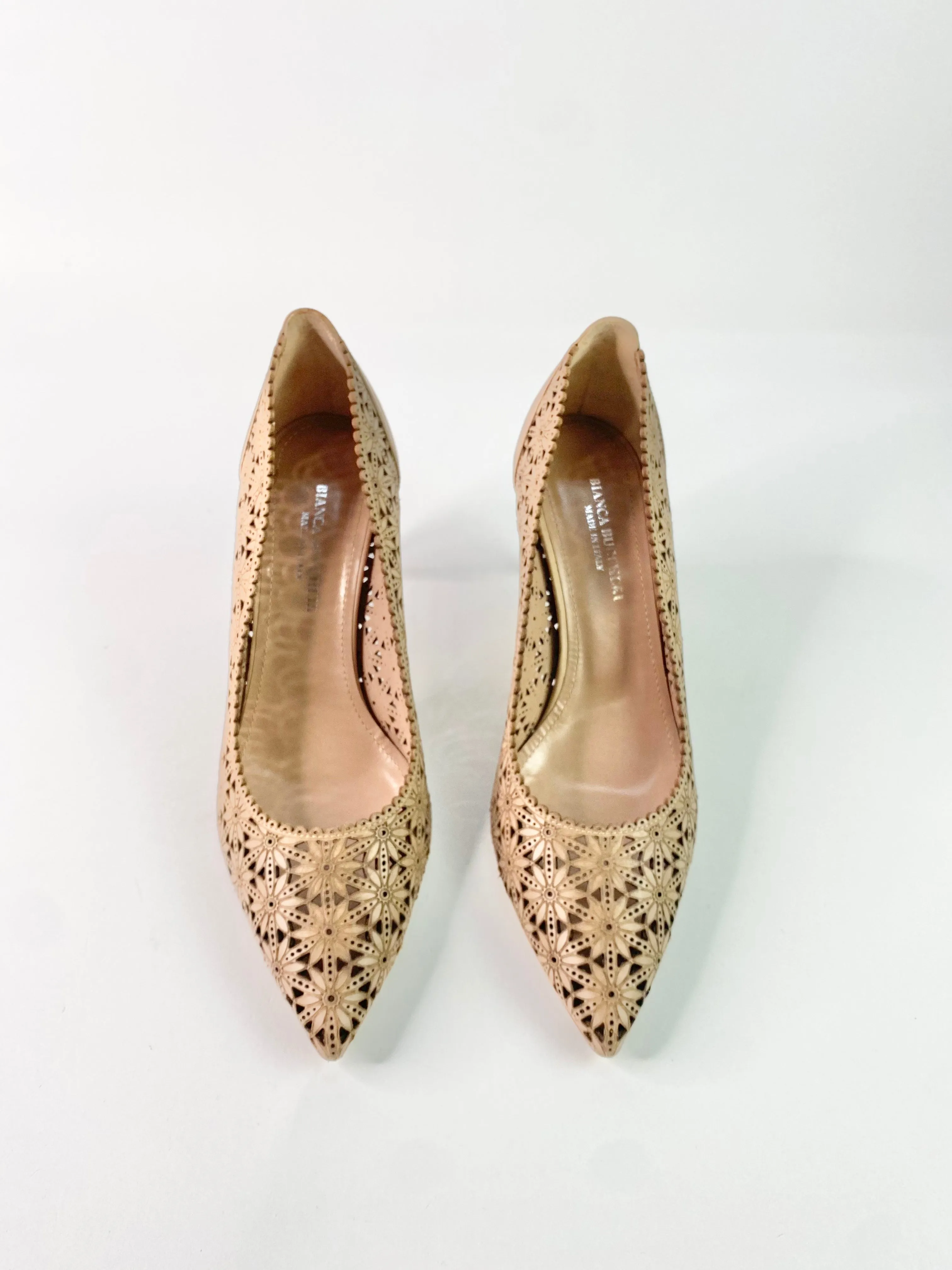 Bianca Buccheri Laser Cut Floral Sandalwood Stilettos - EU36