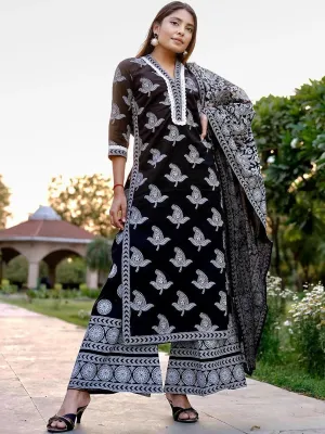 Black Printed Cotton Straight Kurta With Palazzos & Dupatta