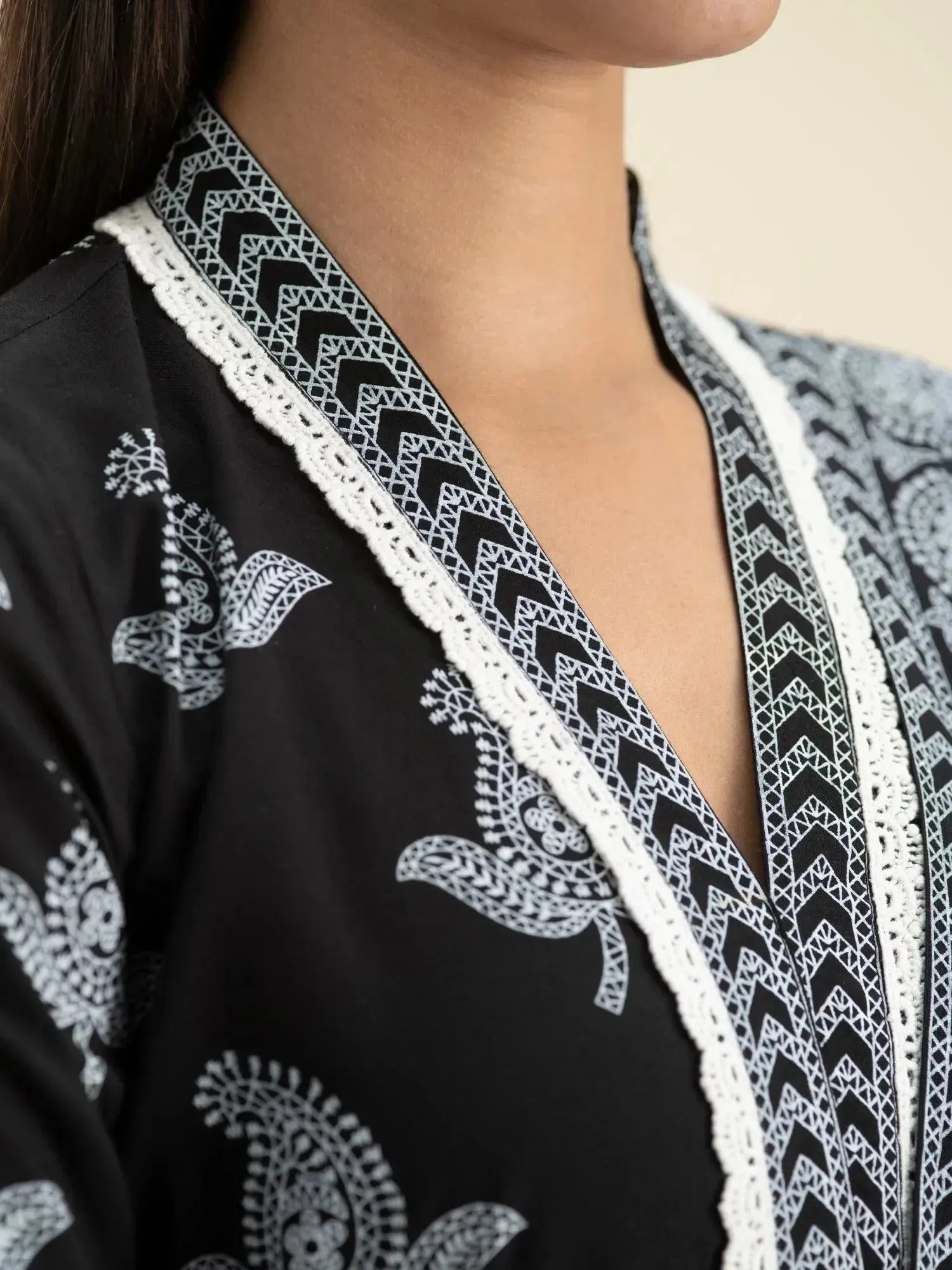 Black Printed Cotton Straight Kurta With Palazzos & Dupatta