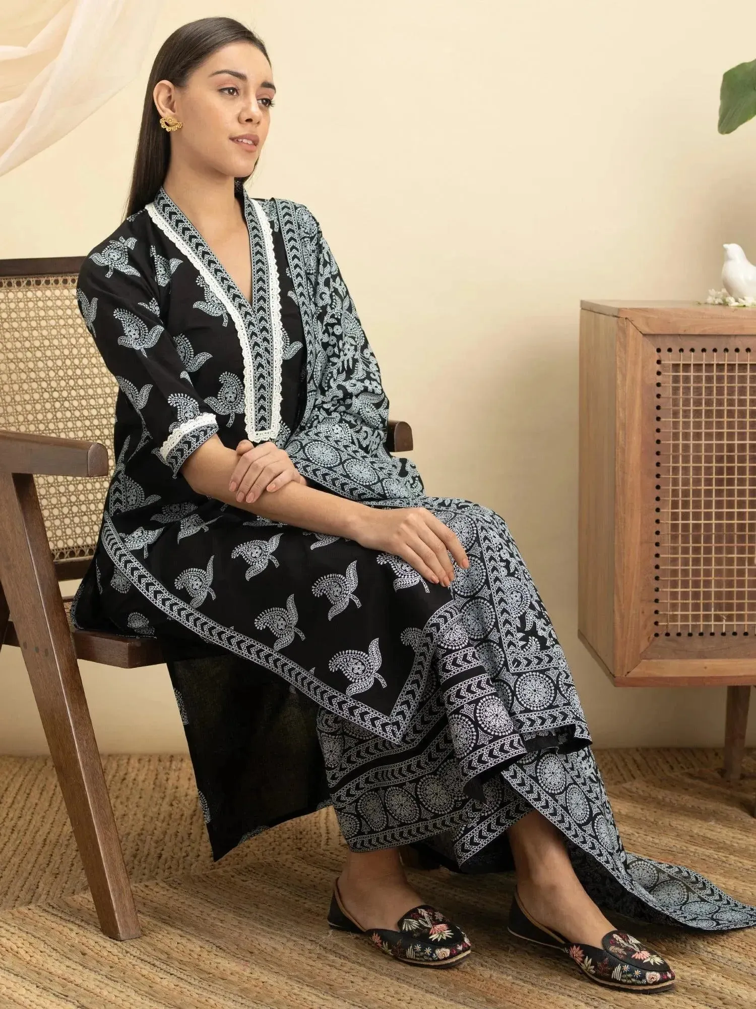 Black Printed Cotton Straight Kurta With Palazzos & Dupatta