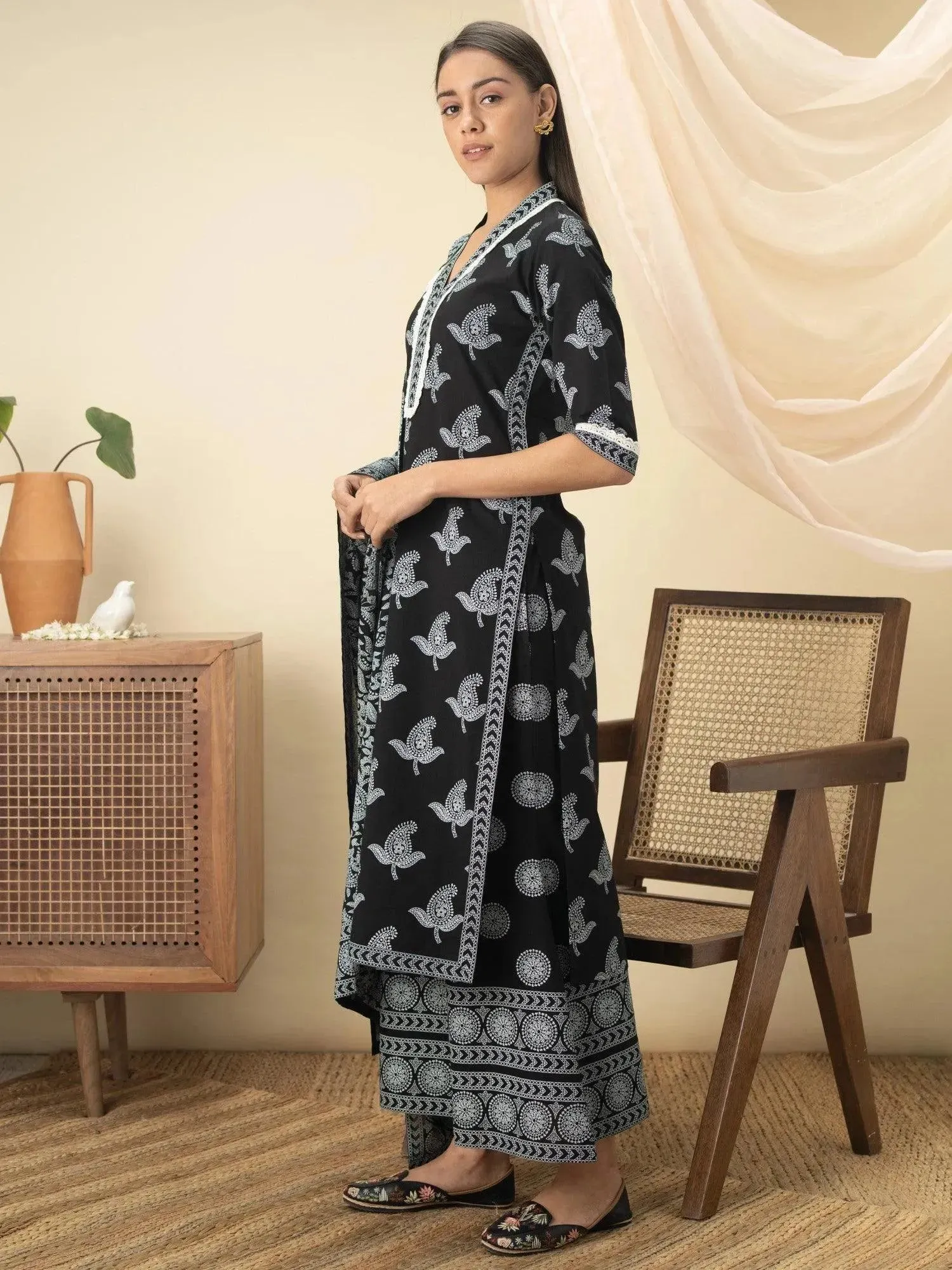 Black Printed Cotton Straight Kurta With Palazzos & Dupatta
