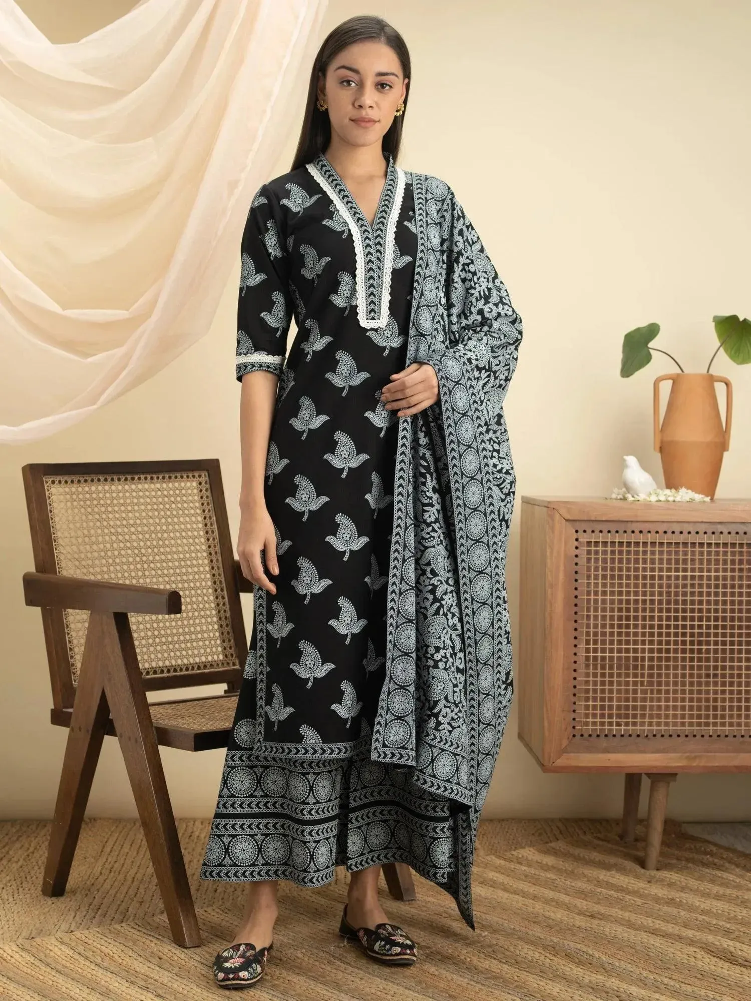 Black Printed Cotton Straight Kurta With Palazzos & Dupatta
