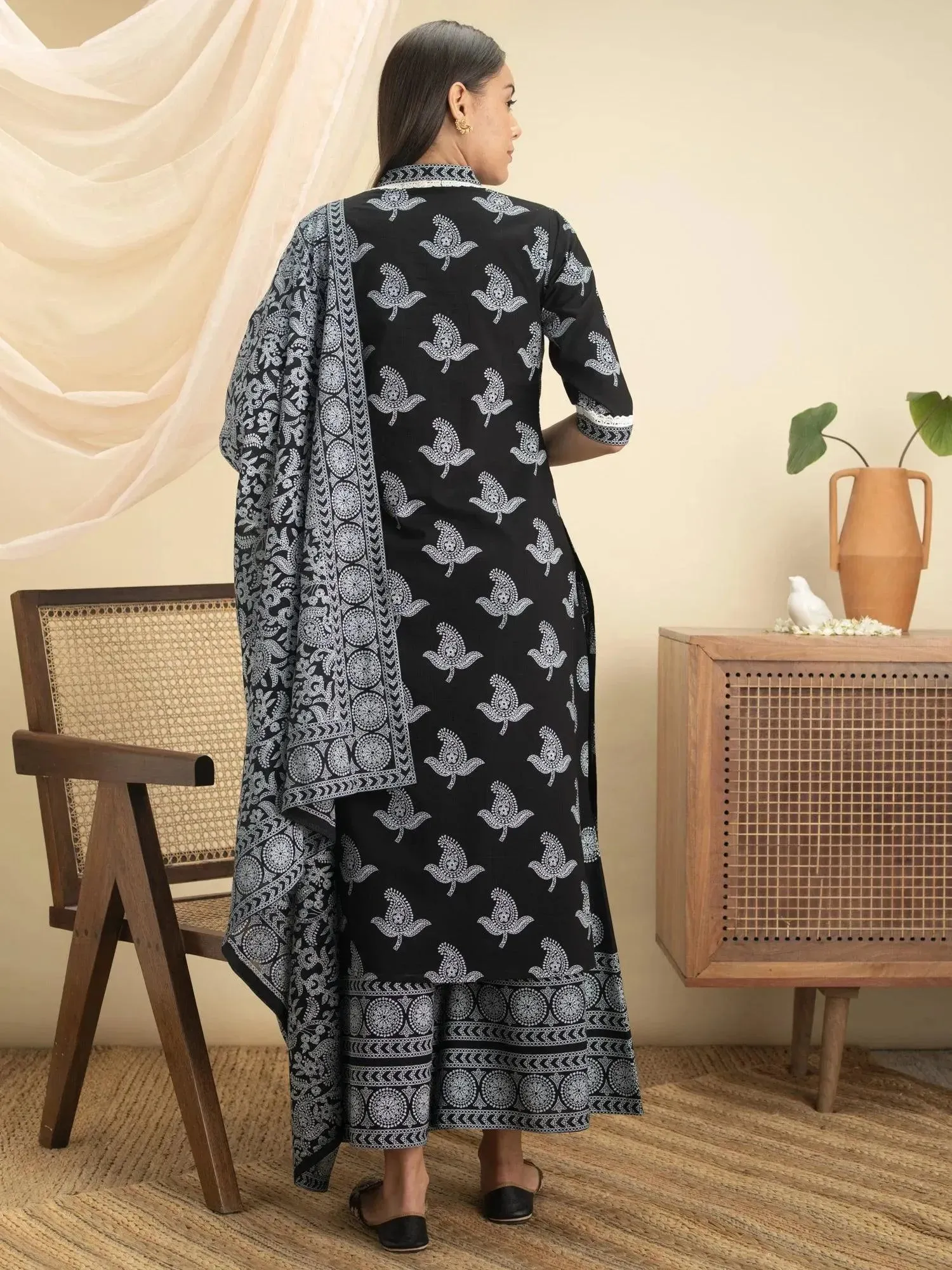 Black Printed Cotton Straight Kurta With Palazzos & Dupatta