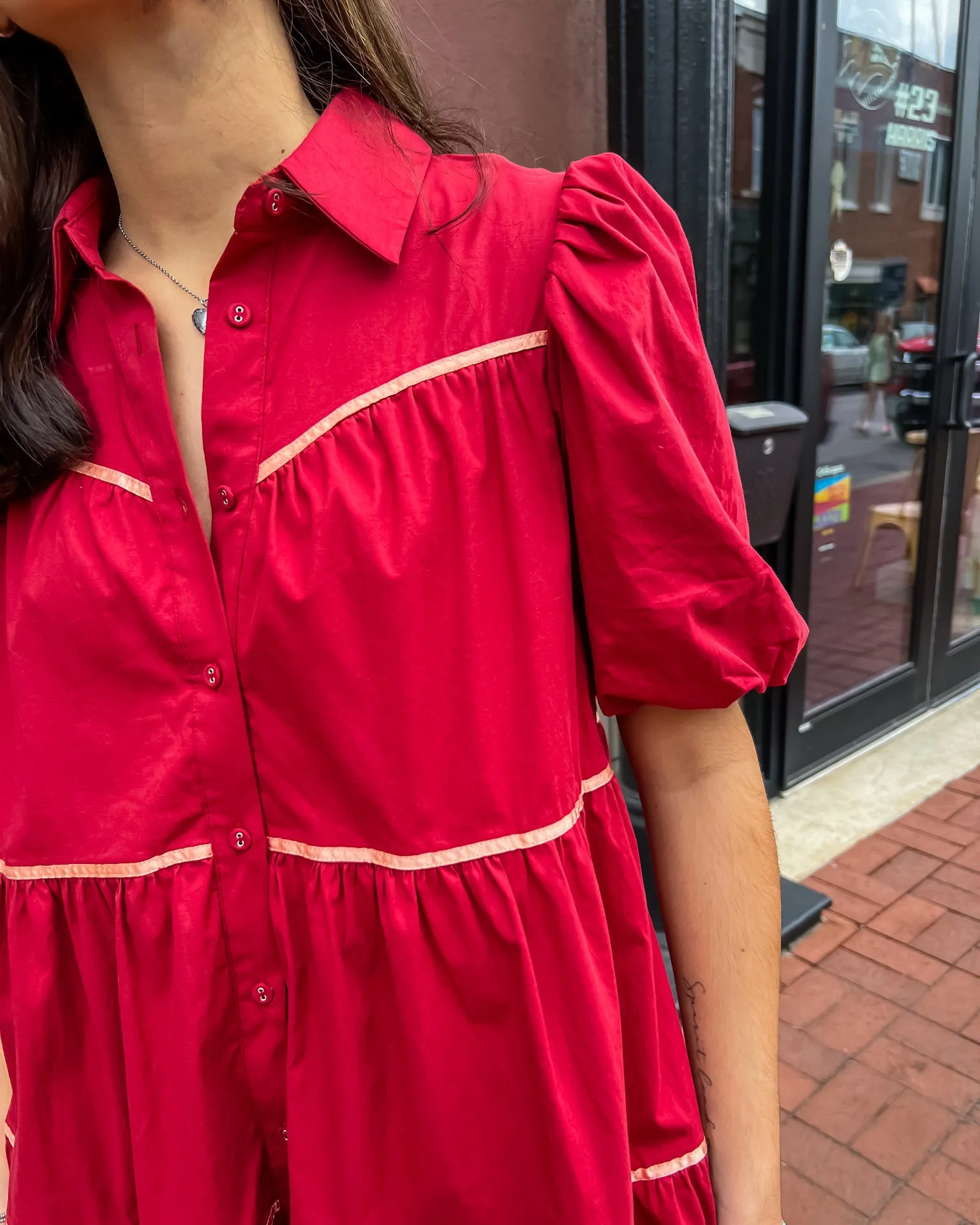 Burgundy Tiered Dress w/Metallic Piping