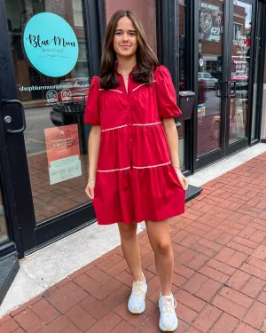 Burgundy Tiered Dress w/Metallic Piping