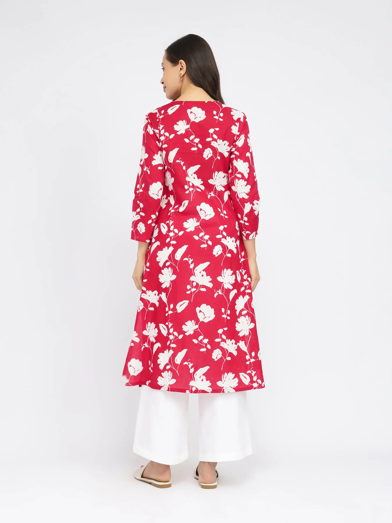 Cotton Floral A-Line Kurta - Red & White
