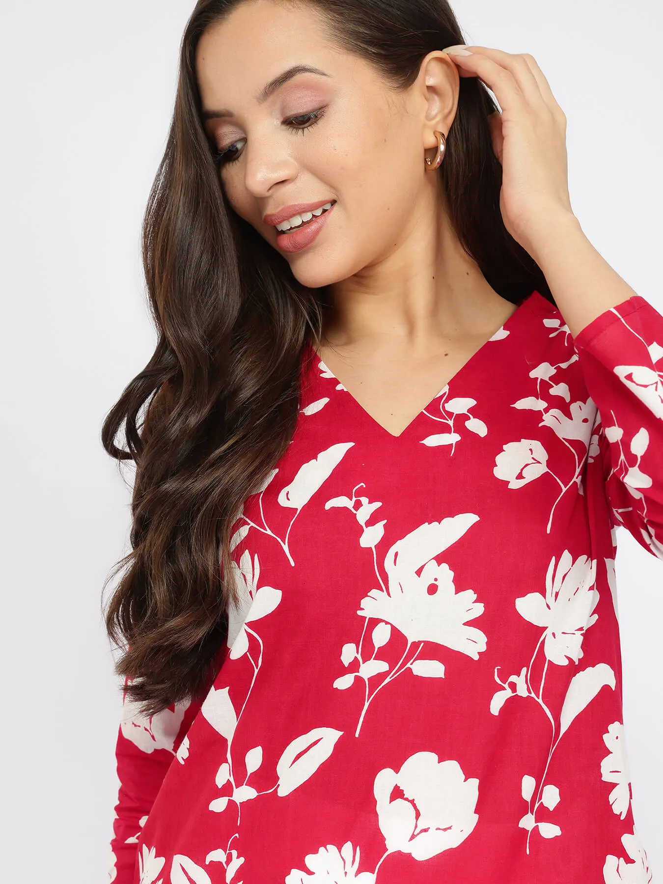 Cotton Floral A-Line Kurta - Red & White