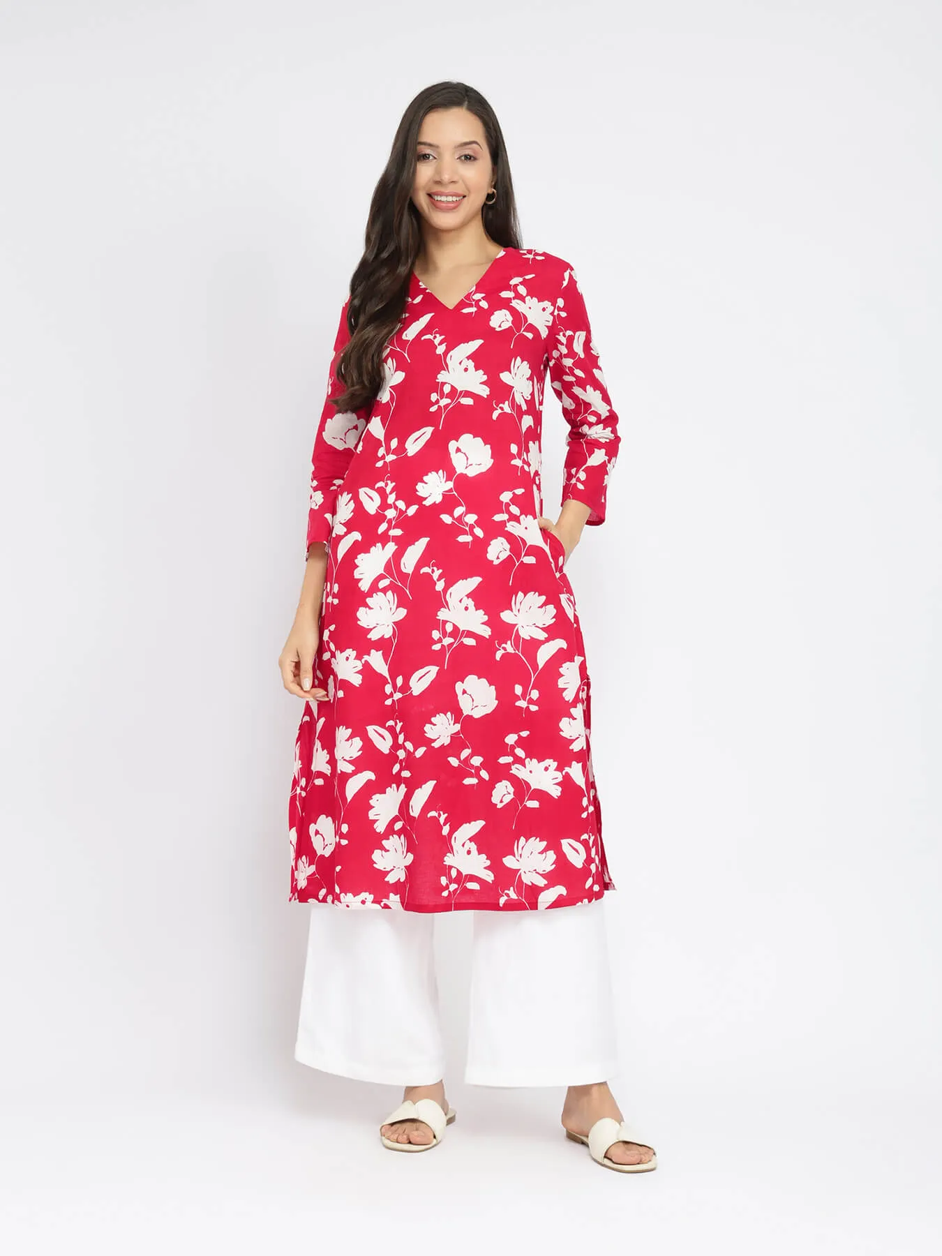 Cotton Floral A-Line Kurta - Red & White