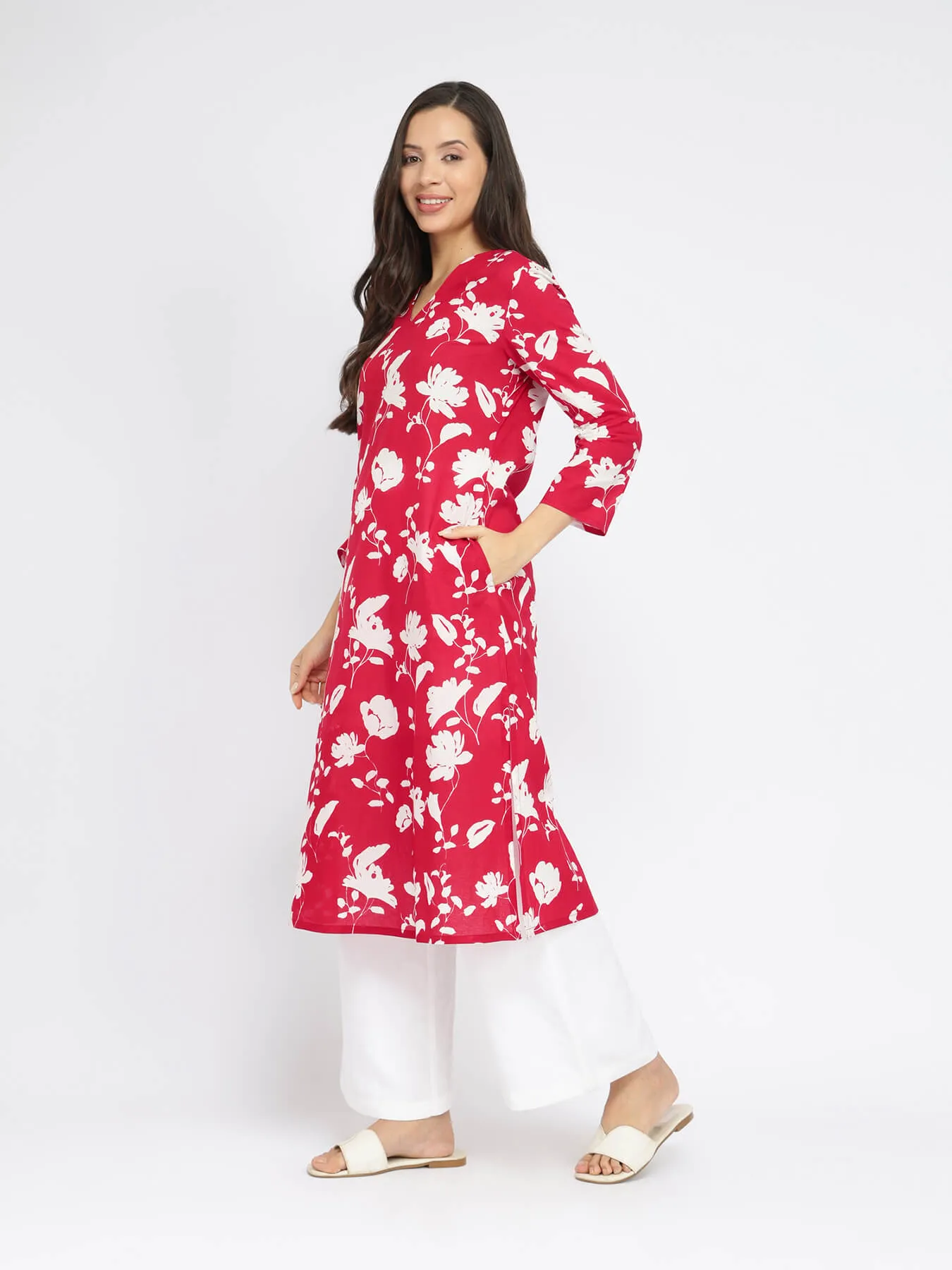 Cotton Floral A-Line Kurta - Red & White