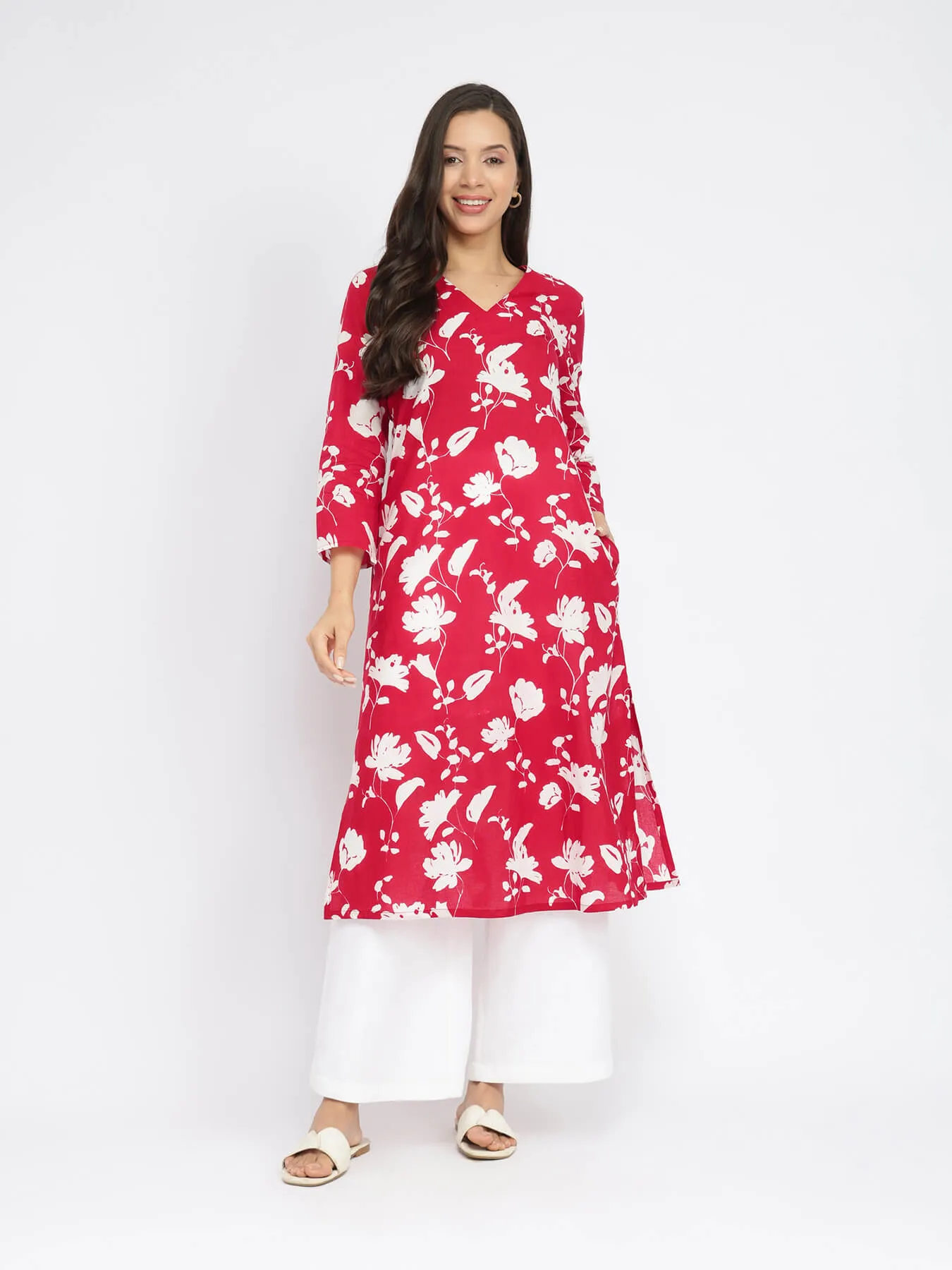 Cotton Floral A-Line Kurta - Red & White