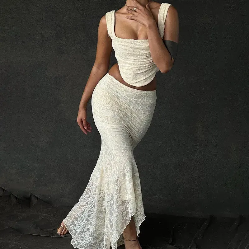 Cream Lace Top and Skirt Co-ord Set