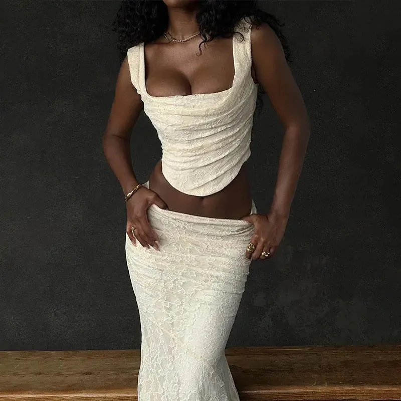 Cream Lace Top and Skirt Co-ord Set