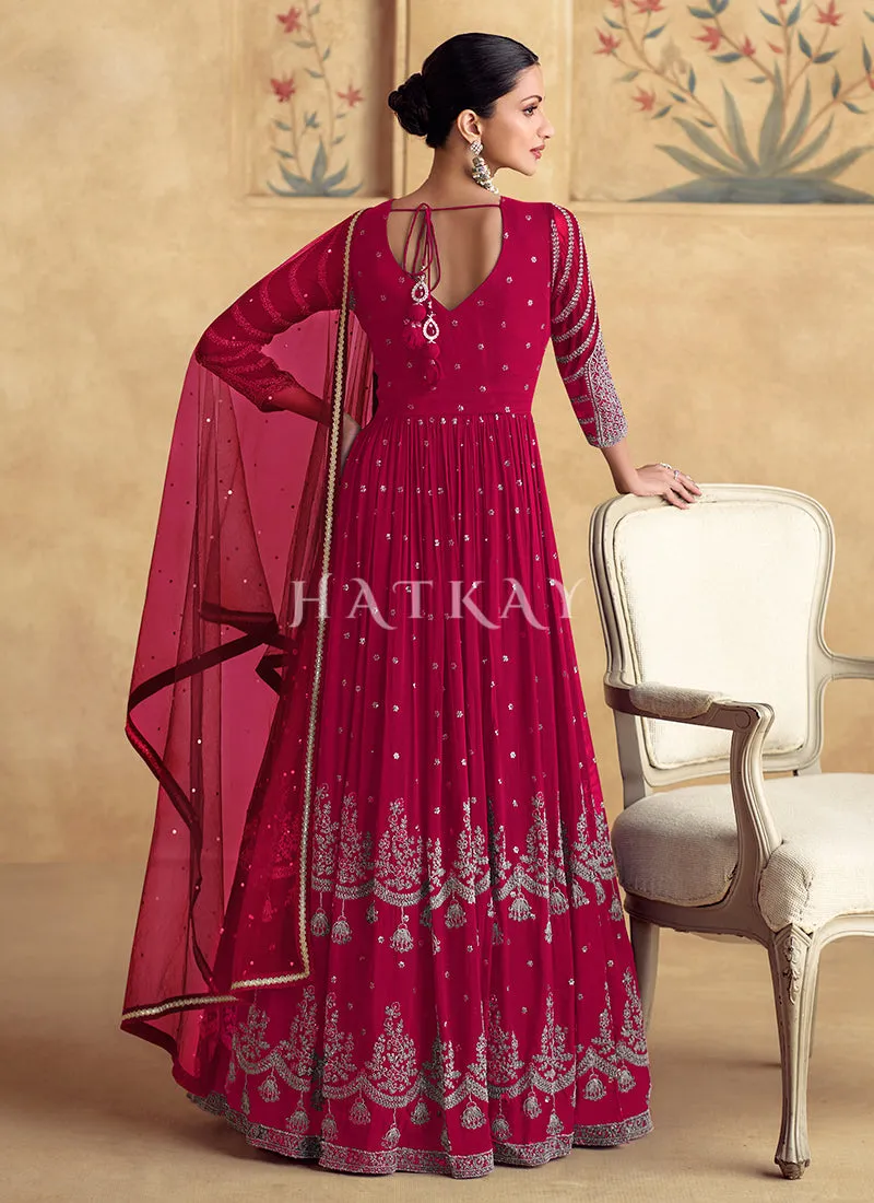 Crimson Red Reshamkari Embroidery Wedding Anarkali Dress