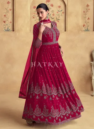Crimson Red Reshamkari Embroidery Wedding Anarkali Dress