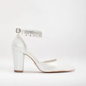 Emmy - Ivory Block Heels with Rhinestones