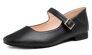 Feversole Women's Mary Jane Fashion Square Toe Easy Buckle Low Heel Slip On Flats Vegan Leather