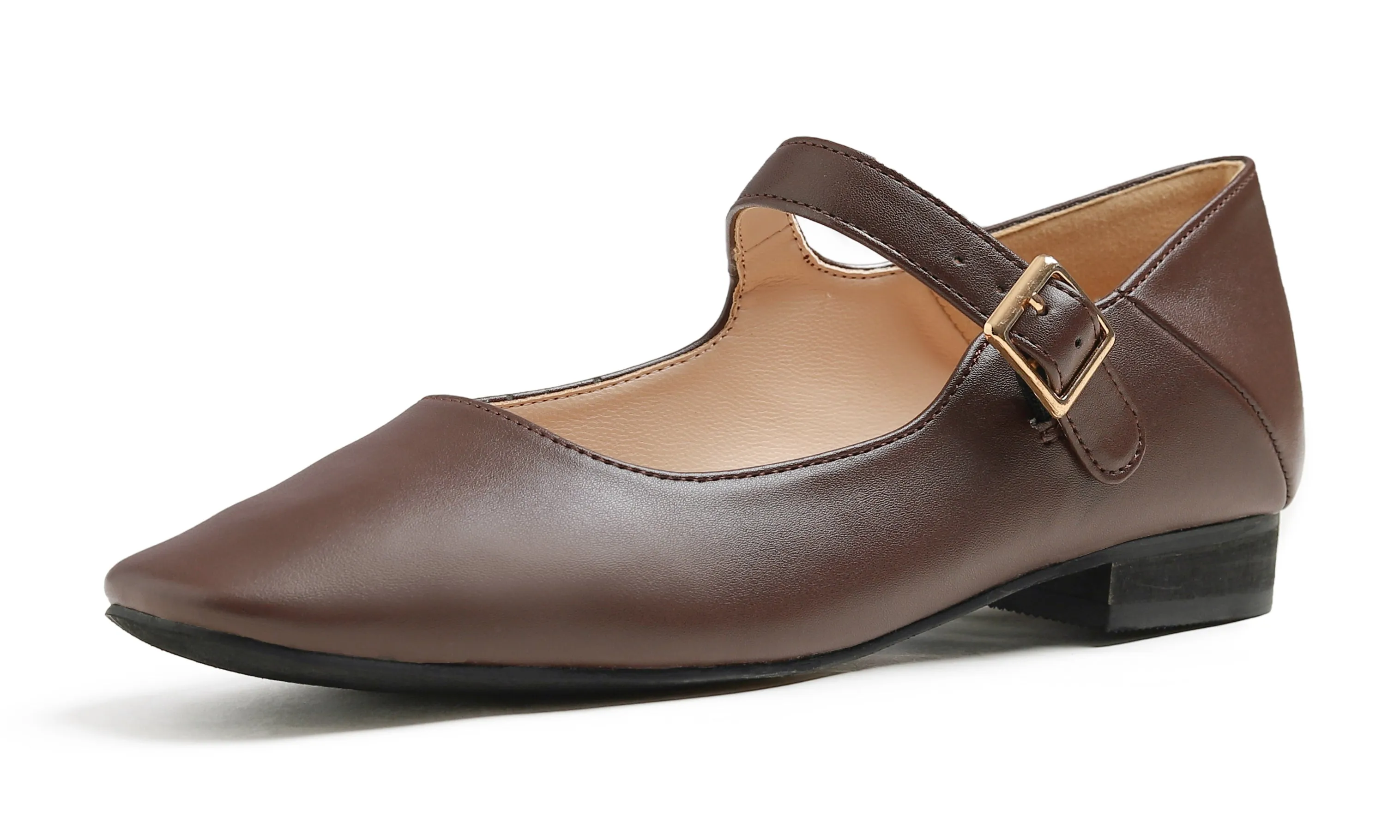 Feversole Women's Mary Jane Fashion Square Toe Easy Buckle Low Heel Slip On Flats Vegan Leather