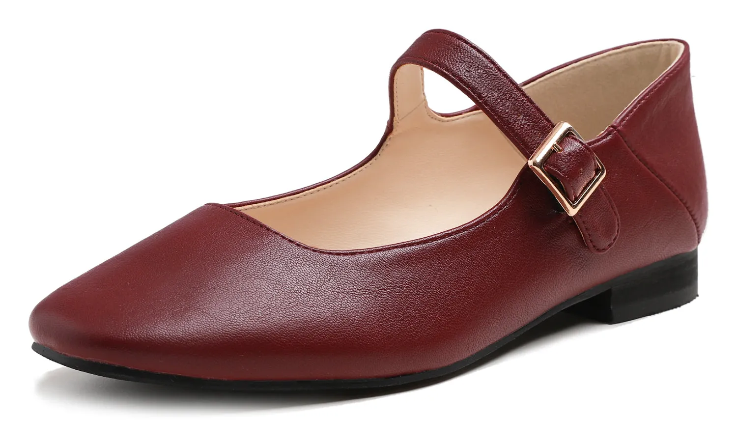 Feversole Women's Mary Jane Fashion Square Toe Easy Buckle Low Heel Slip On Flats Vegan Leather