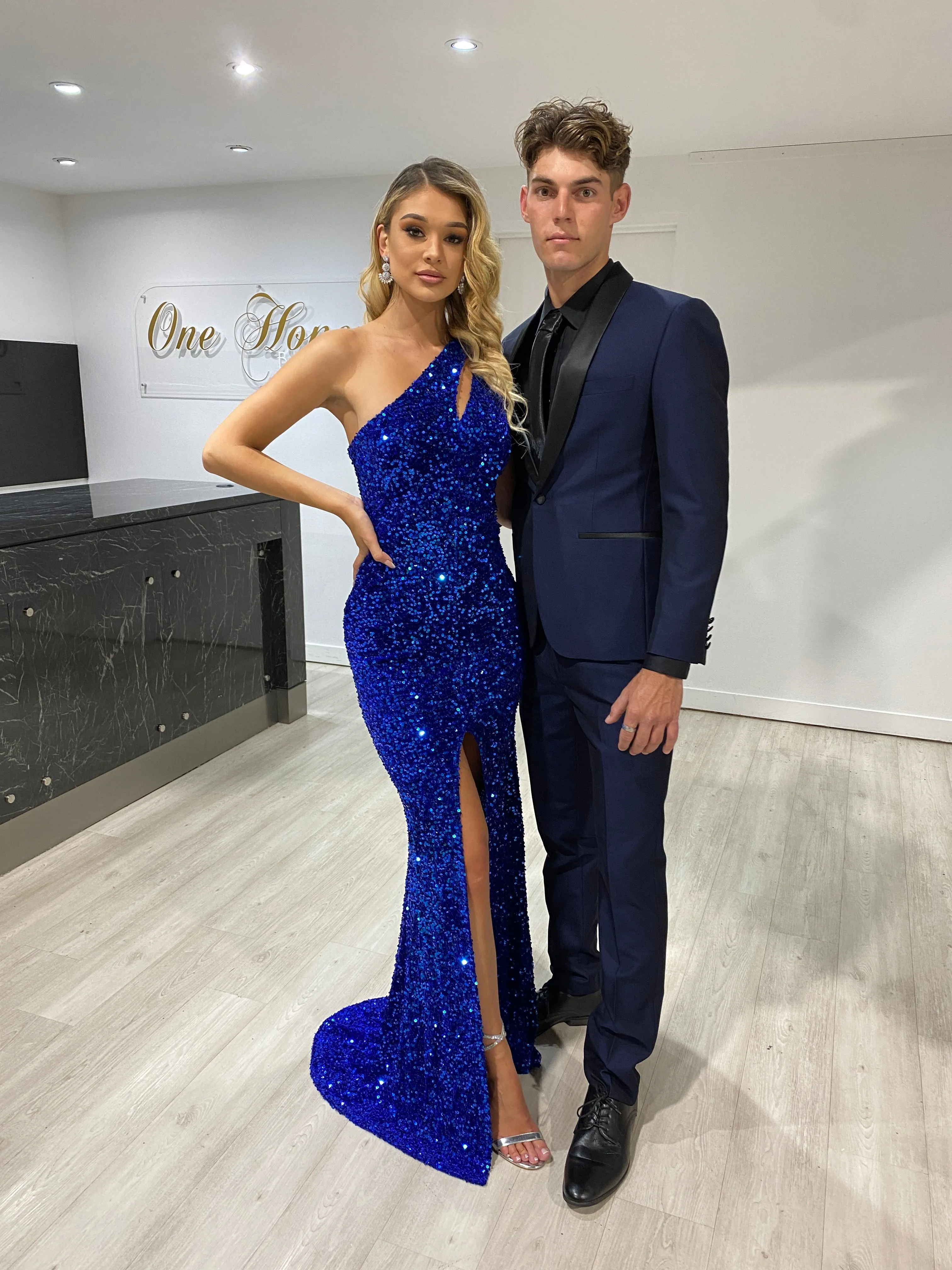 Honey Couture ADRIANNA Sequin One Shoulder Mermaid Formal Dress