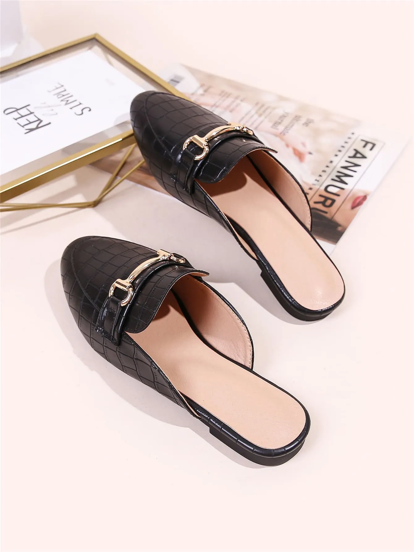Horsebit Decor Croc Embossed Loafer Mules