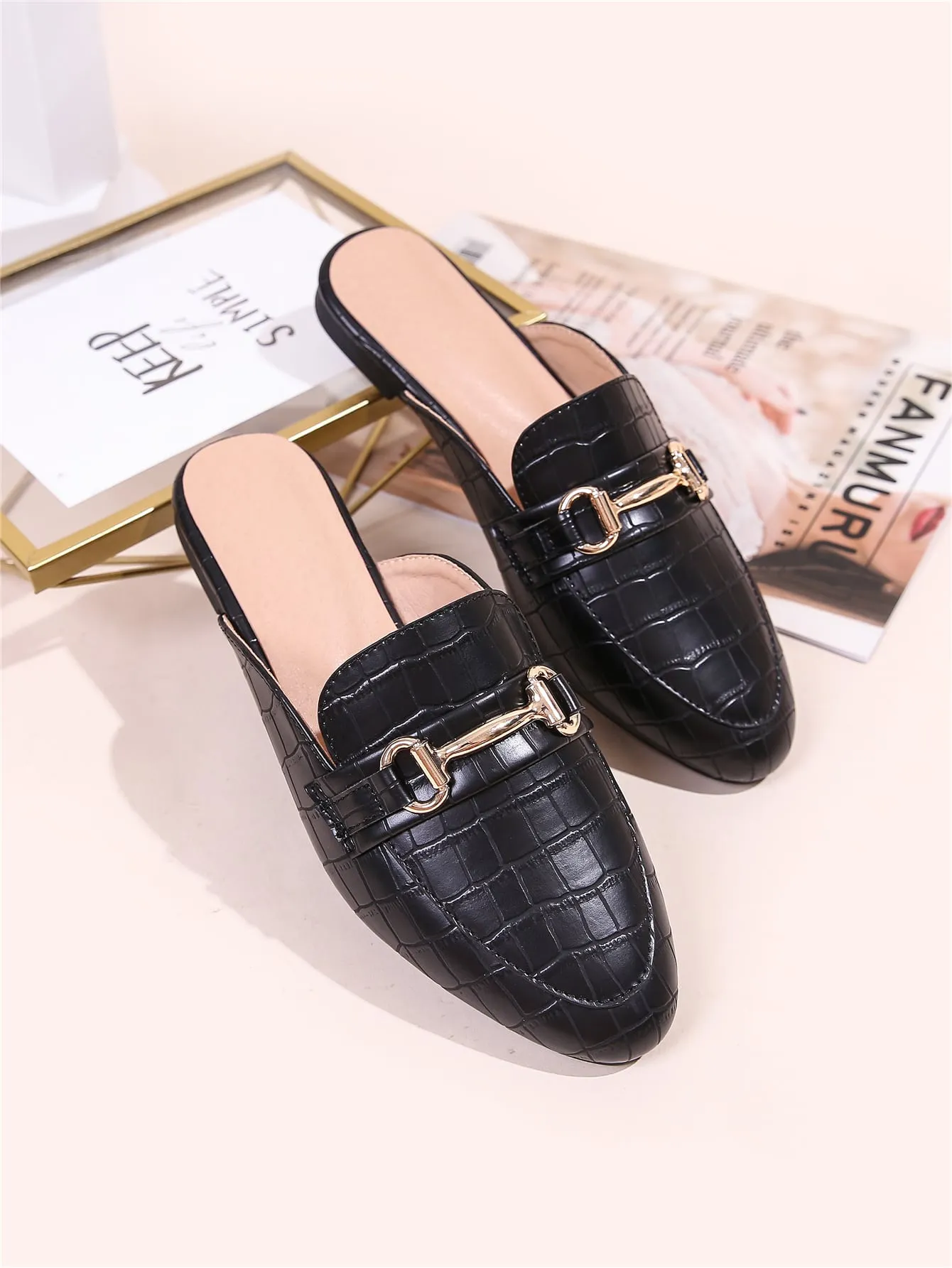 Horsebit Decor Croc Embossed Loafer Mules
