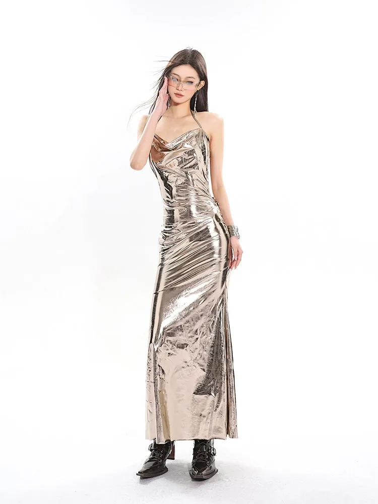Metallic Sheen Draped Halter Maxi Dress