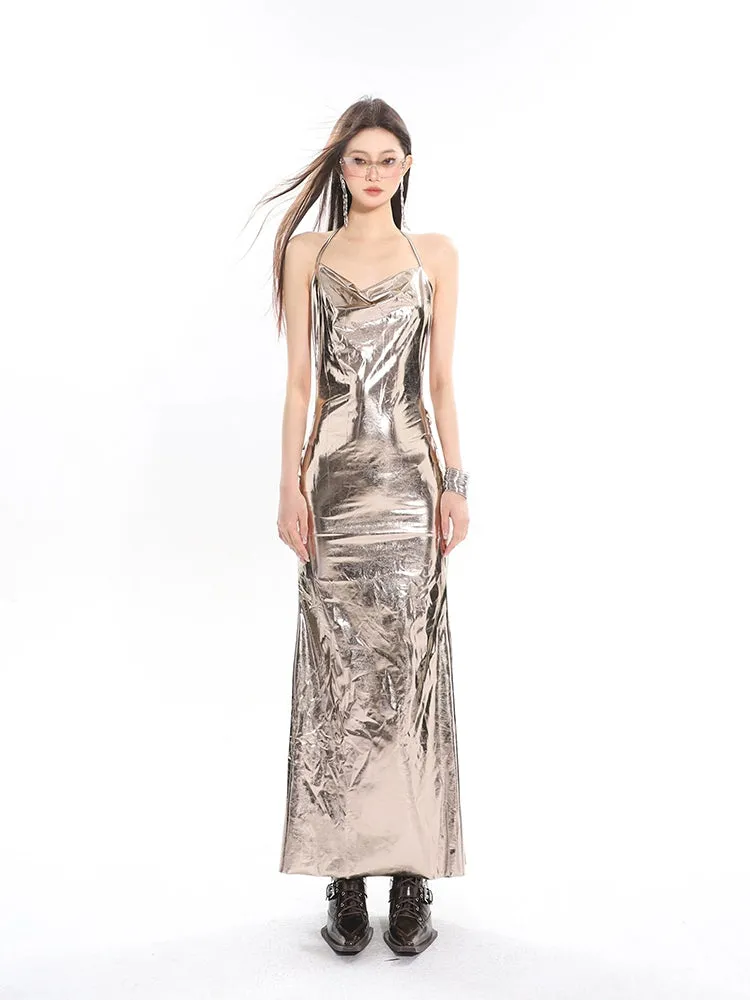 Metallic Sheen Draped Halter Maxi Dress