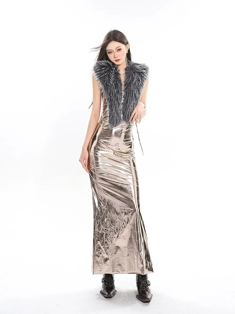 Metallic Sheen Draped Halter Maxi Dress
