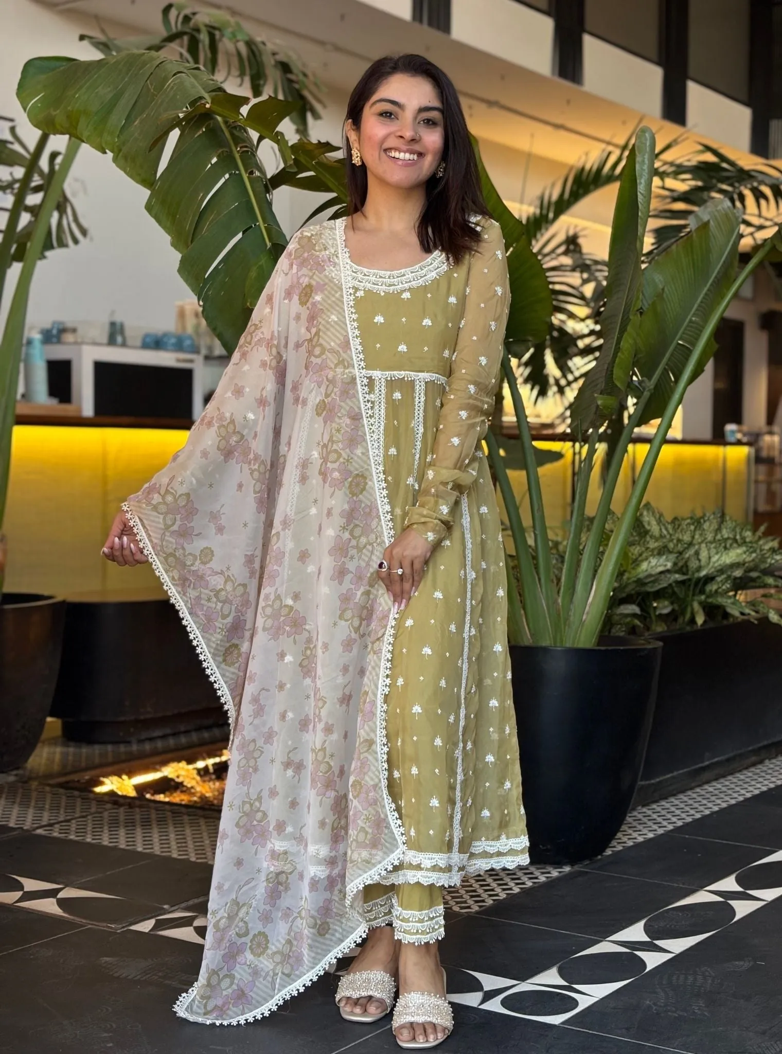 Mulmul Organza Anarkali Raia Green Kurta With Mulmul Cotton Raia Green Pant
