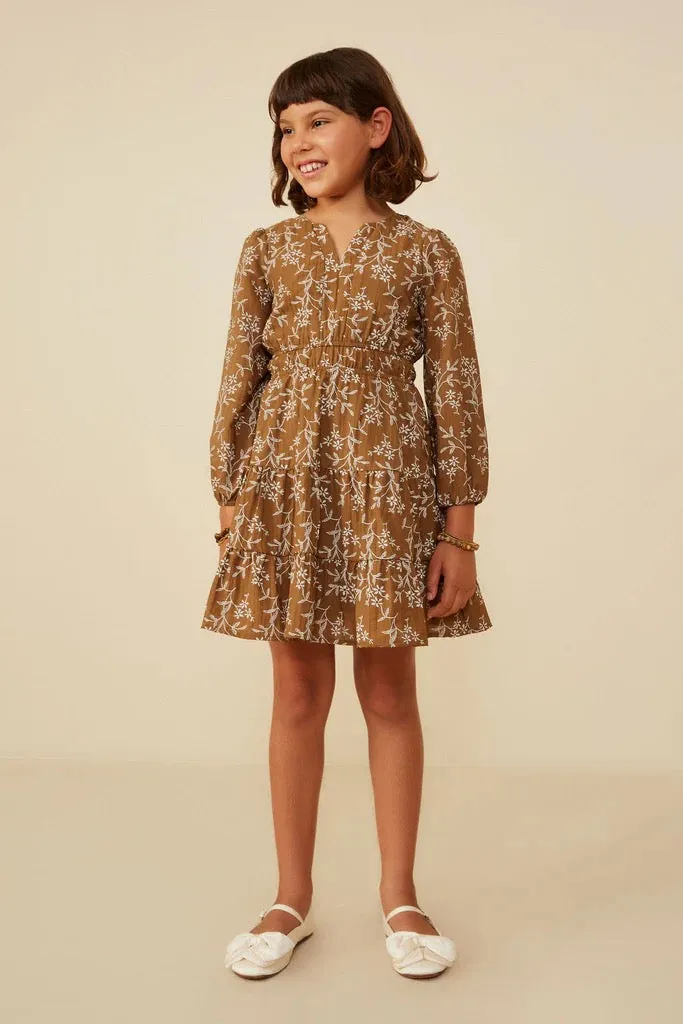 Notch Detail Long Sleeve Floral Embroidered Dress