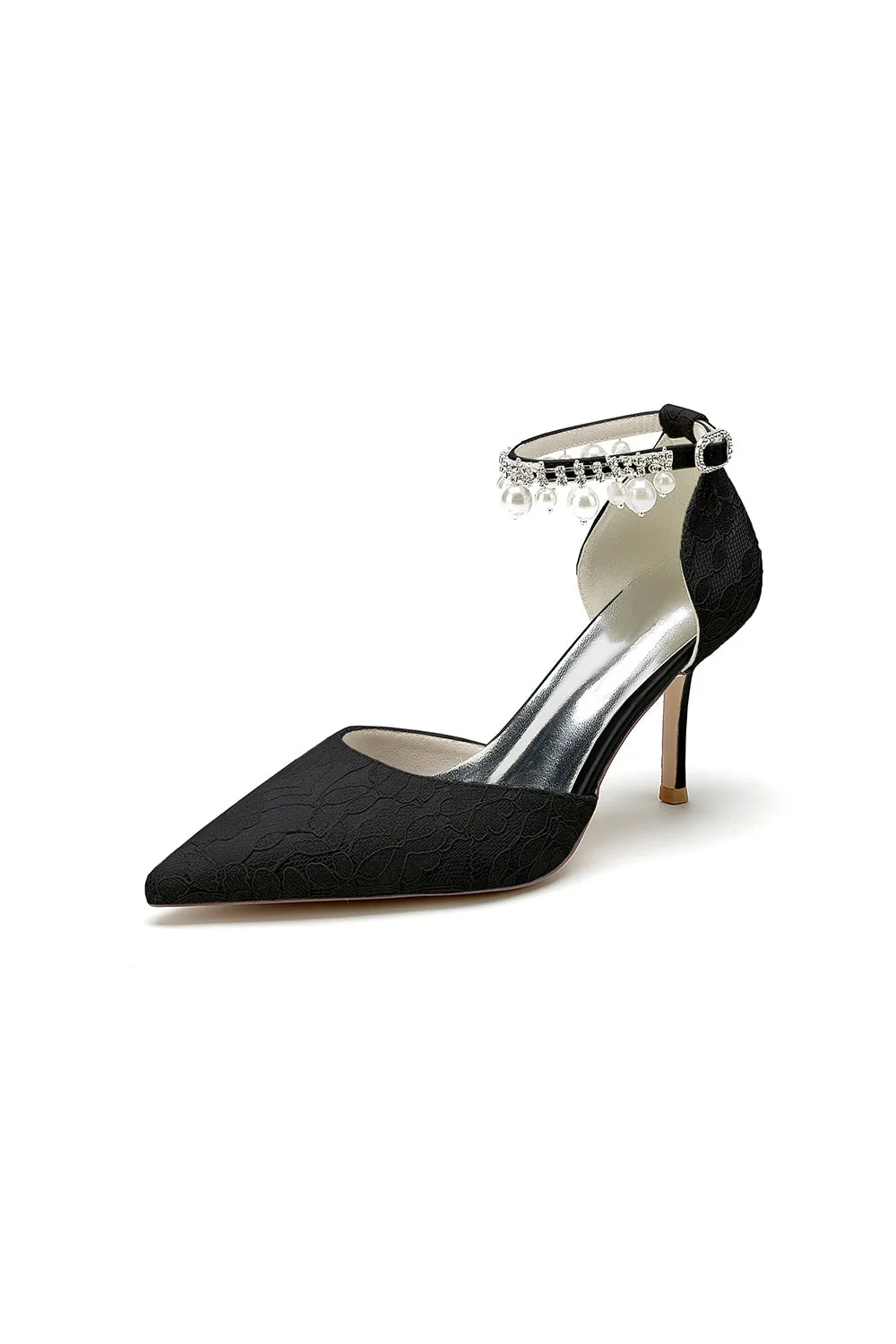 Pointed Toe Bridal Heels Pearl Strap