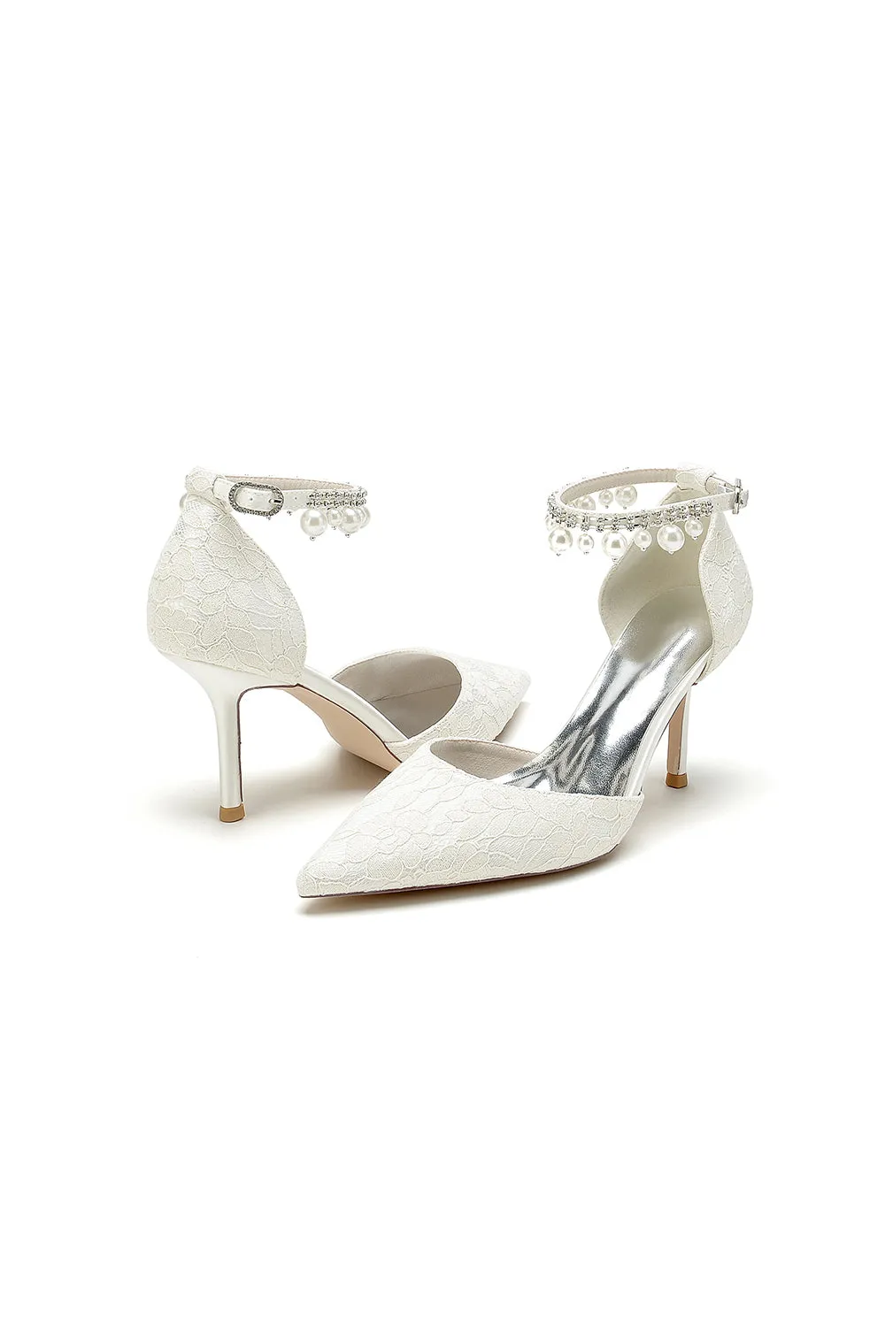Pointed Toe Bridal Heels Pearl Strap