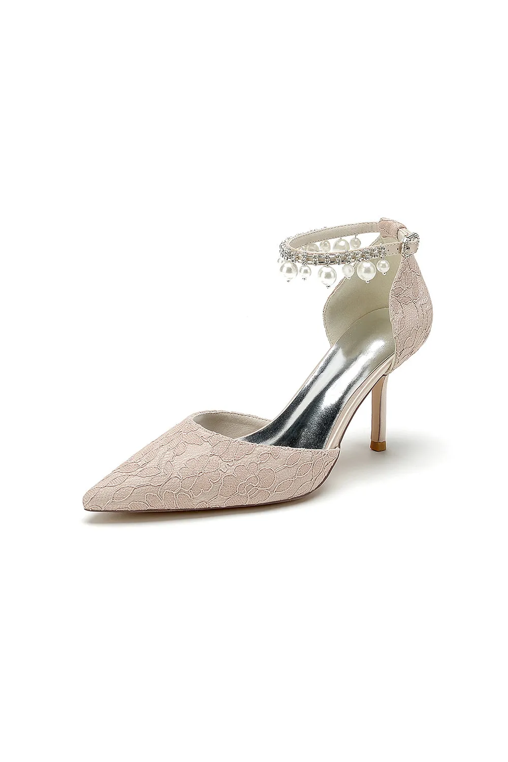 Pointed Toe Bridal Heels Pearl Strap