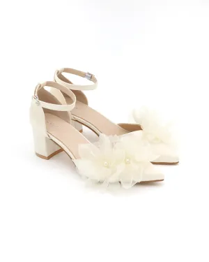 Satin Pointy Toe Low Block Heels Wedding Shoes with Ophelia Flowers