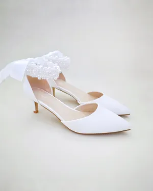Satin Pointy Toe Low Heels with Perla Ankle Strap