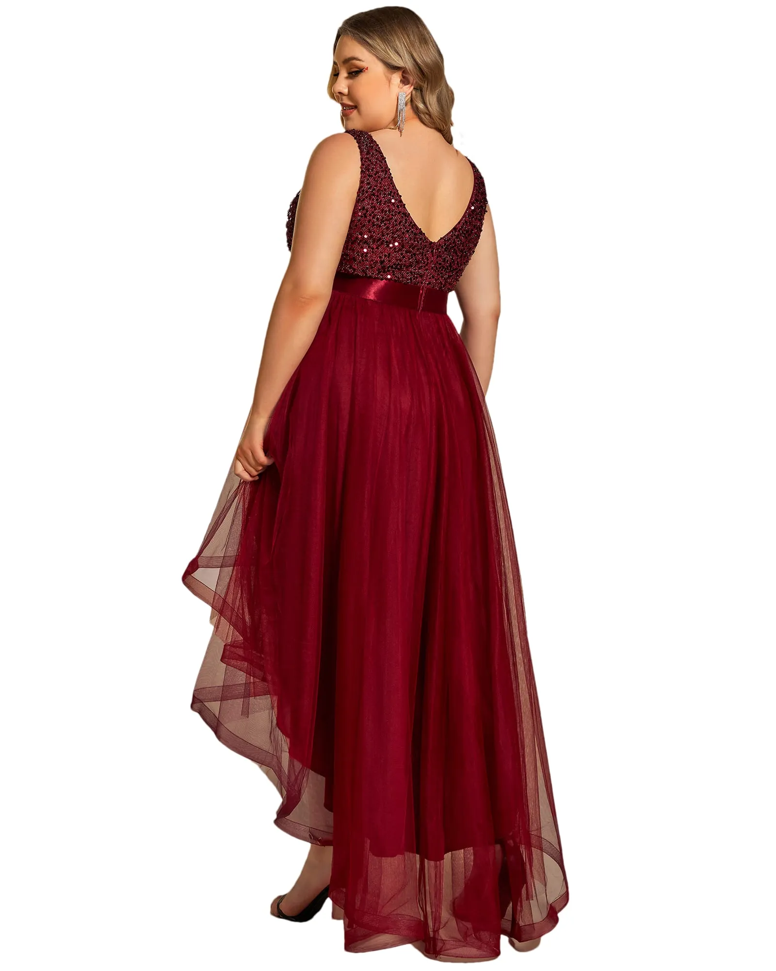 Sleeveless Sequin Ribbon Waist Tulle High Low Evening Dress | Burgundy