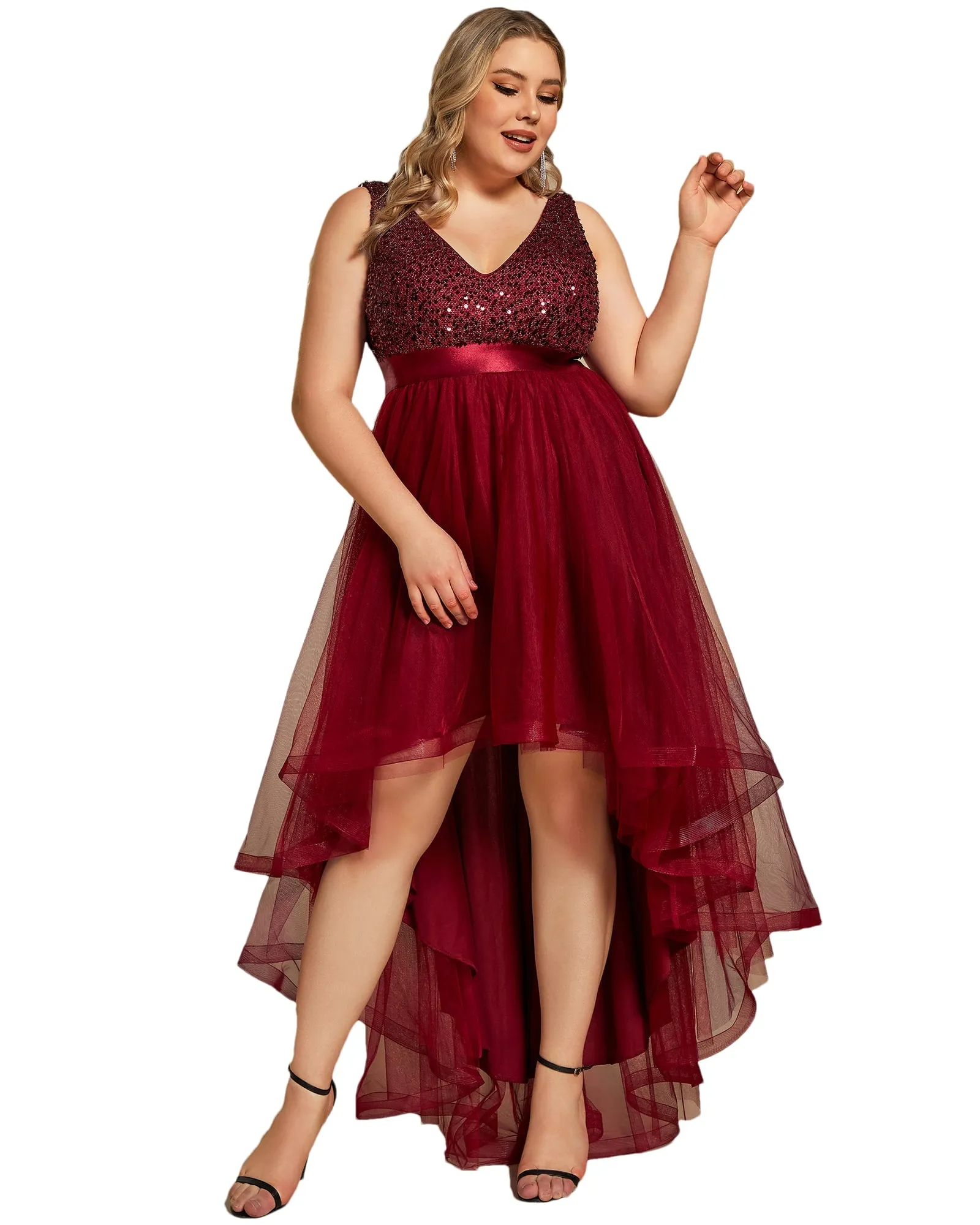 Sleeveless Sequin Ribbon Waist Tulle High Low Evening Dress | Burgundy