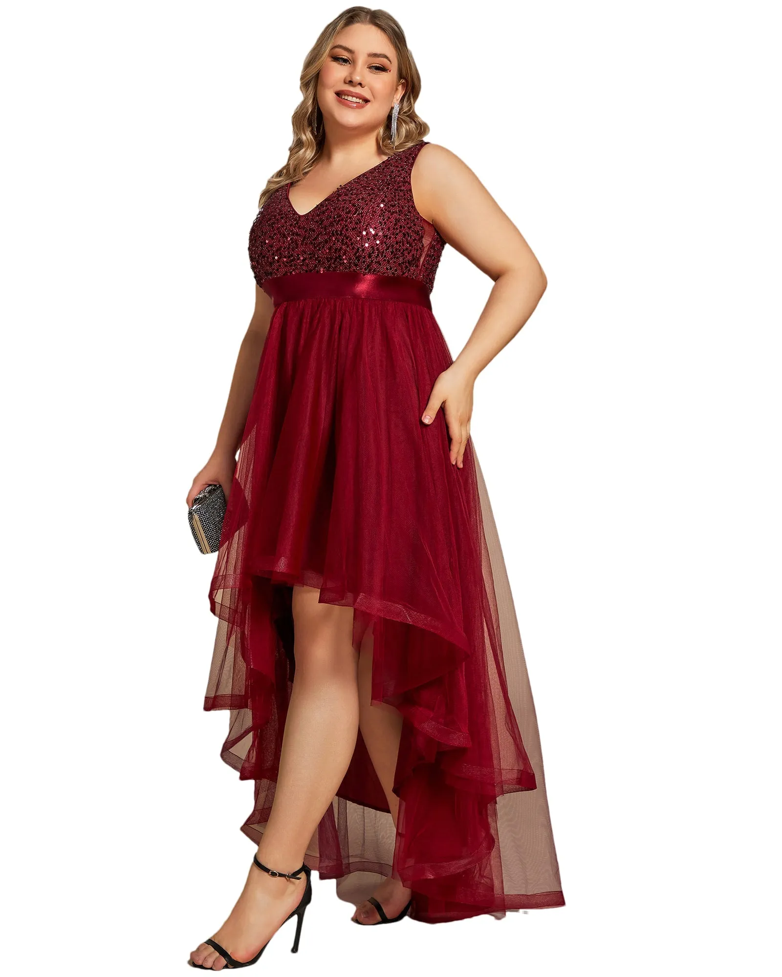 Sleeveless Sequin Ribbon Waist Tulle High Low Evening Dress | Burgundy