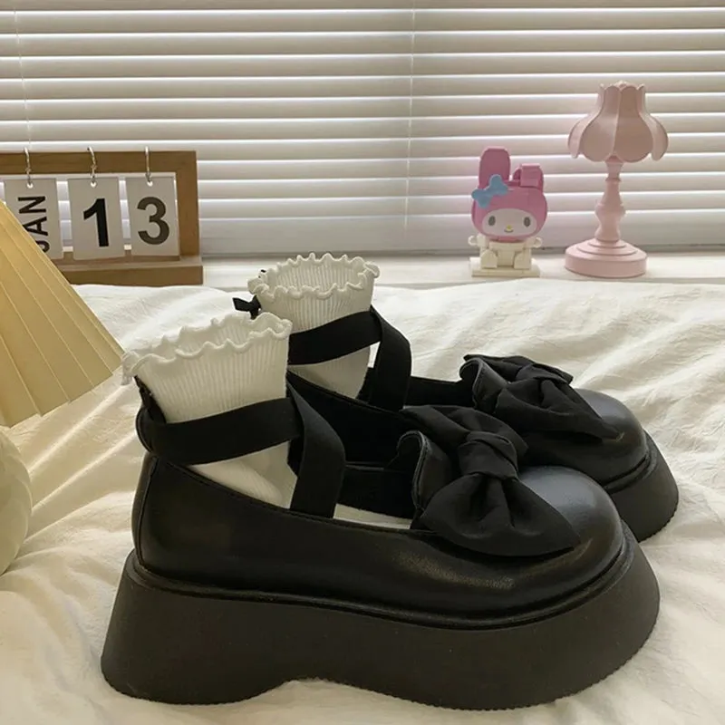 Sohiwoo Mix Color Bow Thick Platform Mary Janes Women Lovely Round Toe Non-Slip Flats Woman Ankle Strap Pu Leather Lolita Shoes Pumps