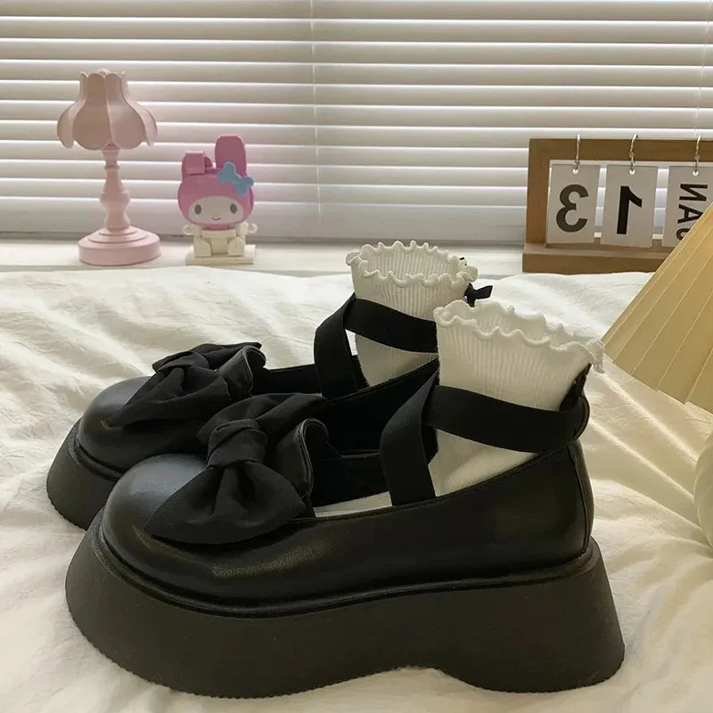 Sohiwoo Mix Color Bow Thick Platform Mary Janes Women Lovely Round Toe Non-Slip Flats Woman Ankle Strap Pu Leather Lolita Shoes Pumps