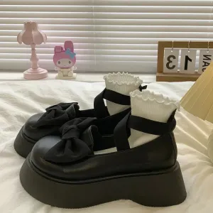 Sohiwoo Mix Color Bow Thick Platform Mary Janes Women Lovely Round Toe Non-Slip Flats Woman Ankle Strap Pu Leather Lolita Shoes Pumps